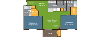 A floor plan of a house with a great room, two bedrooms, a walk-in closet, and a bathroom.