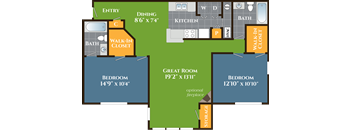 A floor plan of a house with a dining room, kitchen, two bathrooms, a great room, and two bedrooms.