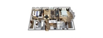 A 3D floor plan of a house with a kitchen, living room, and bedrooms.