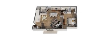 A top-down view of a house interior with a dining area, living room, and kitchen.