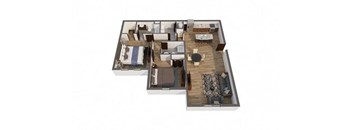 A 3D floor plan of a house with a living room, dining room, kitchen, and two bedrooms.