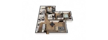 A top-down view of a house with a kitchen, living room, and dining area.
