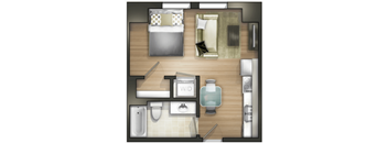 A floor plan of a hotel room with a bed, desk, and toilet.