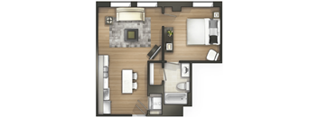 A floor plan of a small apartment with a kitchen, living room, and bathroom.