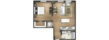 A floor plan of a room with a couch, a bed, a table, and a bathroom.