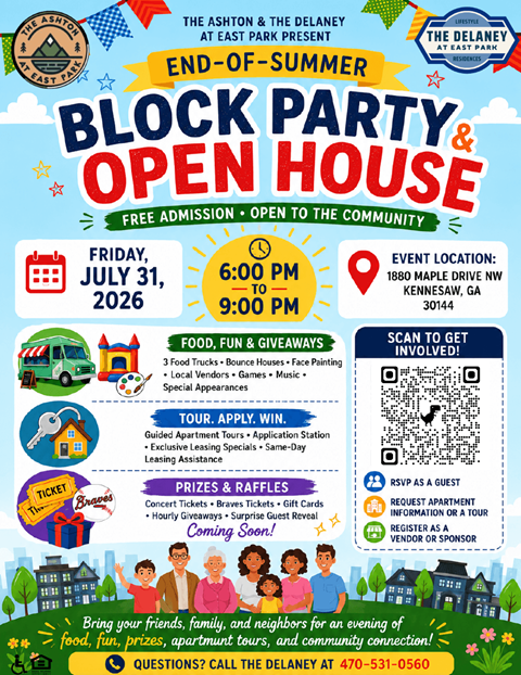 A colorful poster advertises an End-of-Summer Block Party & Open House at The Delaney at East Park on Friday, July 31, 2026.