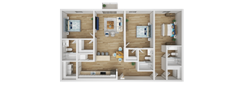 A top-down view of a house layout with a kitchen, living room, and bedrooms.