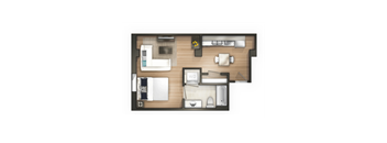 A floor plan of a room with a bed, a couch, a desk, and a kitchenette.