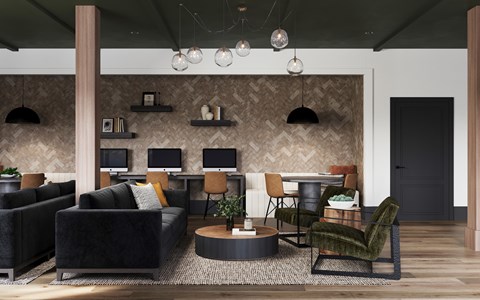 A modern living room with a black couch, a green chair, and a patterned wallpaper at The SoHo Luxury Apartments, Raleigh, North Carolina