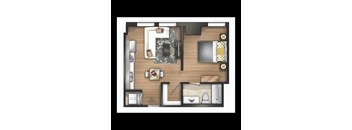 A floor plan of a small apartment with a living room, kitchen, and bathroom.