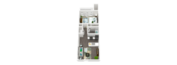 A floor plan of a two-bedroom apartment with a kitchen and living room.