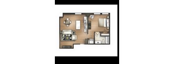 A floor plan of a room with a kitchen area, a living room, and a bathroom.