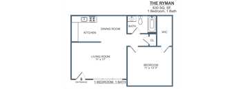 1 Bedroom 1 Bath Floor Plan, 630 SF at Madison Flats, Madison, Tennessee.