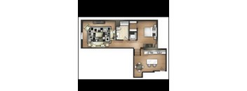 A floor plan of a house with a kitchen, living room, and two bedrooms.
