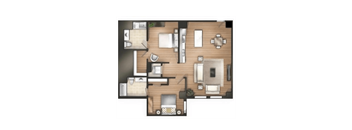 A top-down view of a room with a couch, a bed, a desk, and a television.
