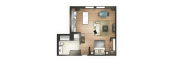 A floor plan of a small apartment with a kitchen, living room, and bathroom.