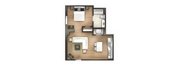 A floor plan of a room with a bed, a couch, a desk, and a kitchenette.
