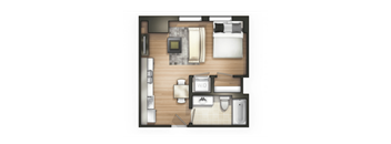 A floor plan of a hotel room with a large bed, a desk, a chair, a television, a bathroom with a toilet, a sink, and a bathtub.