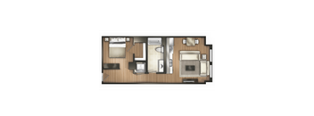 A floor plan of a room with a bed, a couch, a desk, and a kitchenette.