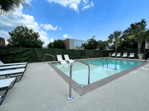 A pool surrounded by a concrete floor and a hedge.