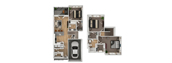 A set of four floor plans for a house with a garage.
