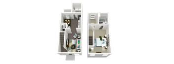 A 3D floor plan of a two-bedroom apartment.