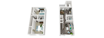 A white image of a small apartment with a bedroom and a living room.