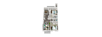 A 3D floor plan of a small apartment with a kitchen, living room, and bathroom.