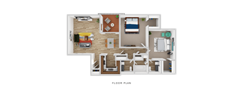 A floor plan of a house with a living room, kitchen, and two bedrooms.