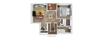 A floor plan of a house with a living room, kitchen, dining area, and bathroom.