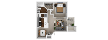 A 3D floor plan of a small apartment with a kitchen, living room, and bathroom.