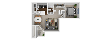 A top-down view of a small apartment layout with a kitchen, living room, and bedroom.