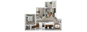 A 3D floor plan of a house with multiple rooms and furniture.