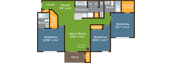 A floor plan of a house with a dining area, kitchen, and three bedrooms.