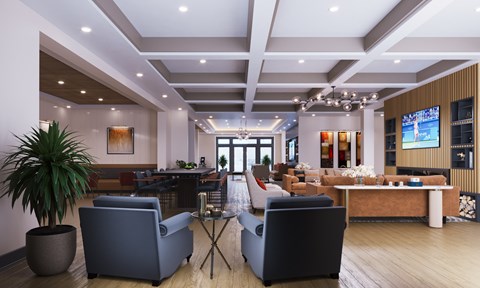 A modern living room with a large screen TV and comfortable seating.
