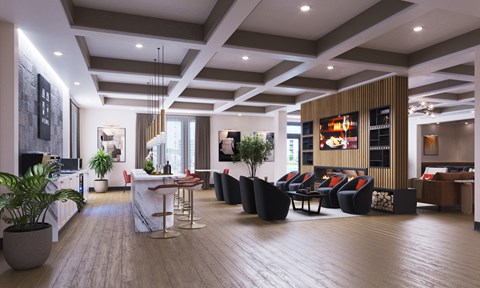 A modern living room with a wooden floor and a large window.