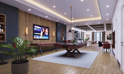 A modern living room with a large TV and a pool table.