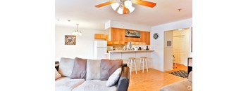 Living room and kitchen open floorplan at the Colonial Village Apartments, Lincolnton, NC.