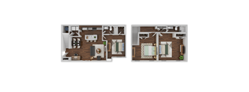 Two images of a room layout with a bed, desk, and kitchen area.