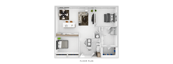 A floor plan of a small apartment with a kitchen, living room, and bathroom.