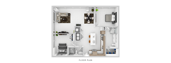 A floor plan of a small apartment with a living room, kitchen, and bedroom.