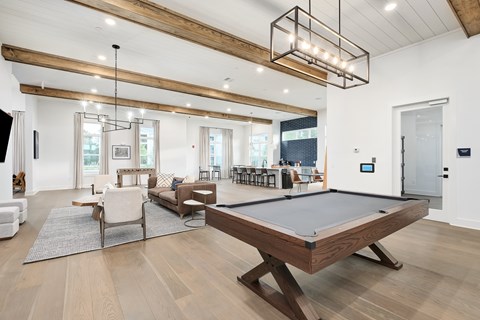 A billiard table is in the middle of a room with a white couch and a TV.