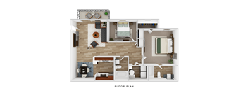 A floor plan of a small apartment with a kitchen, living room, and bedrooms.