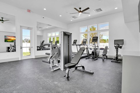 A gym with a variety of equipment including a squat rack, bench press, and a rowing machine.