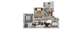 A 3D floor plan of a small apartment with a living room, kitchen, and two bedrooms.