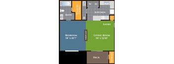 A floor plan of a home with a bedroom, living room, kitchen, and bath.