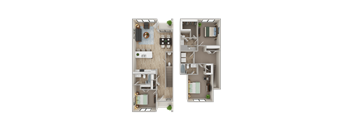 Two floor plans of a house with a living room, kitchen, and bathroom.