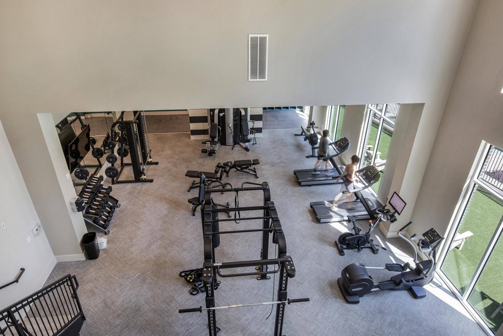 an overhead view of a gym with weights and cardio equipment at The Monroe Apartments, Austin, TX, 78741