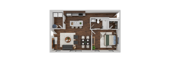 A top-down view of a small apartment layout with a kitchen, living room, and bathroom.