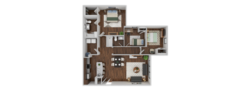 A detailed 3D floor plan of a small apartment layout.